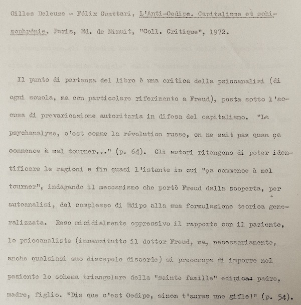 Furio Jesi su a Deleuze e Félix Guattari, "L'anti-œdipe. Capitalisme et schizophrénie", 1972.
