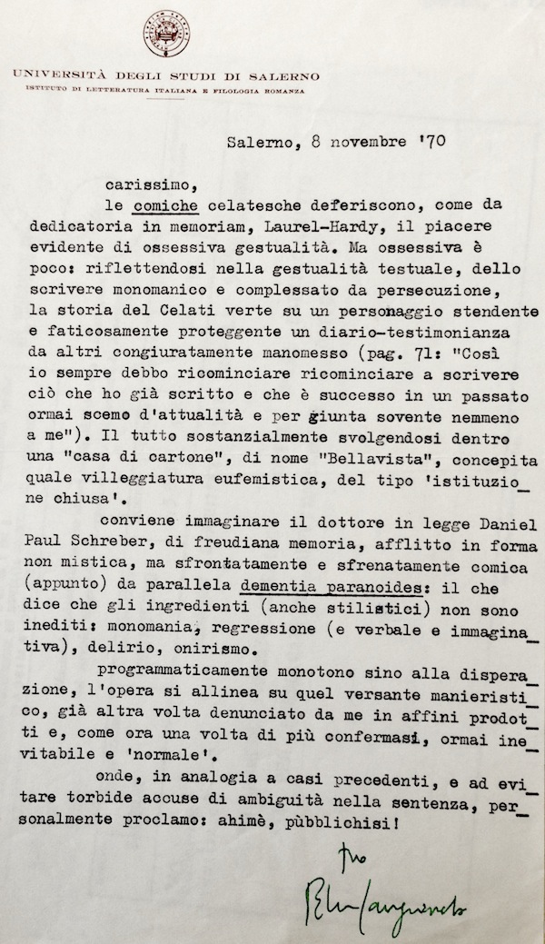 Edoardo Sanguineti su "Comiche" di Gianni Celati, 1970.